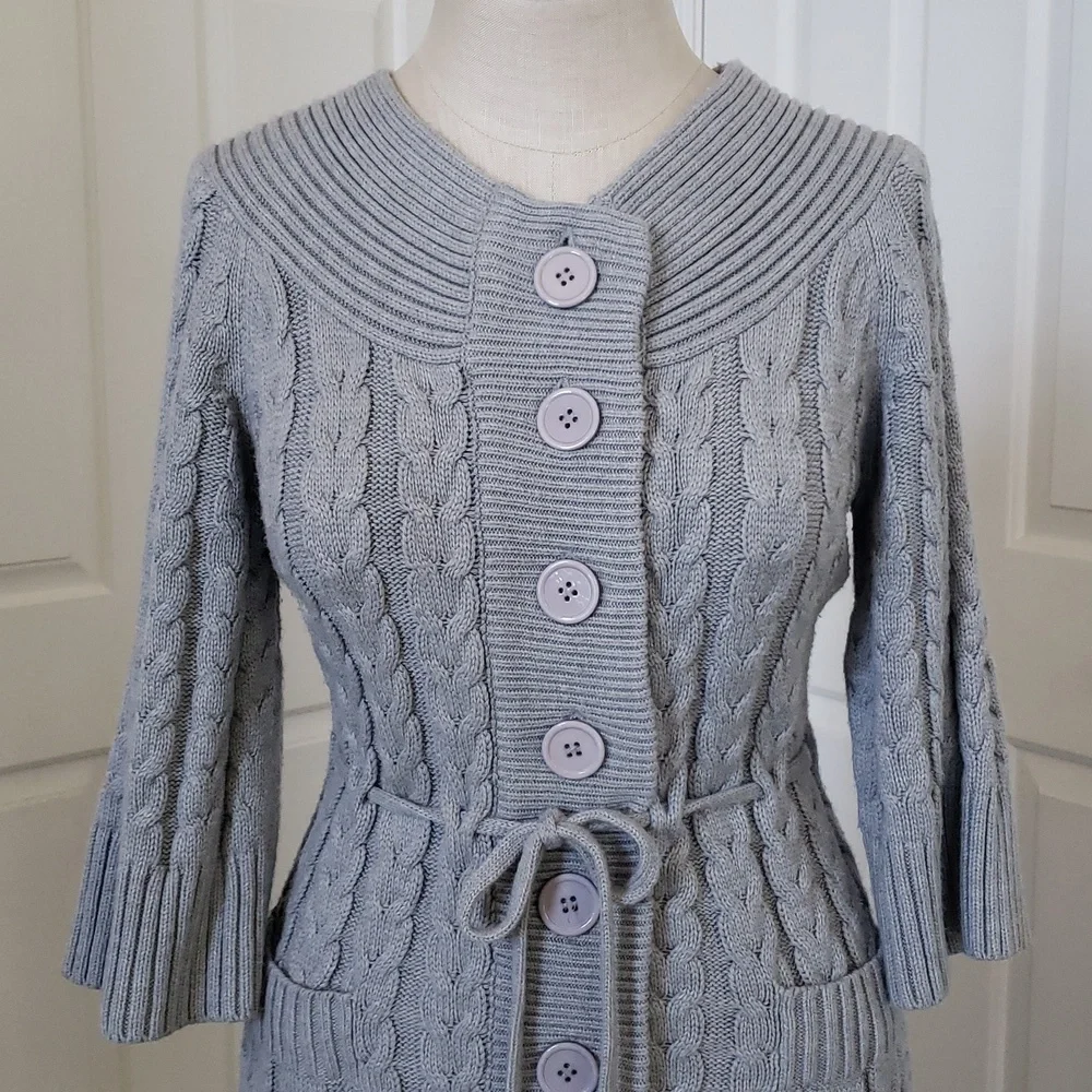 The LIMITED Gray Chunky Cable Knit Belted Cardigan | Long Line Duster | SMALL